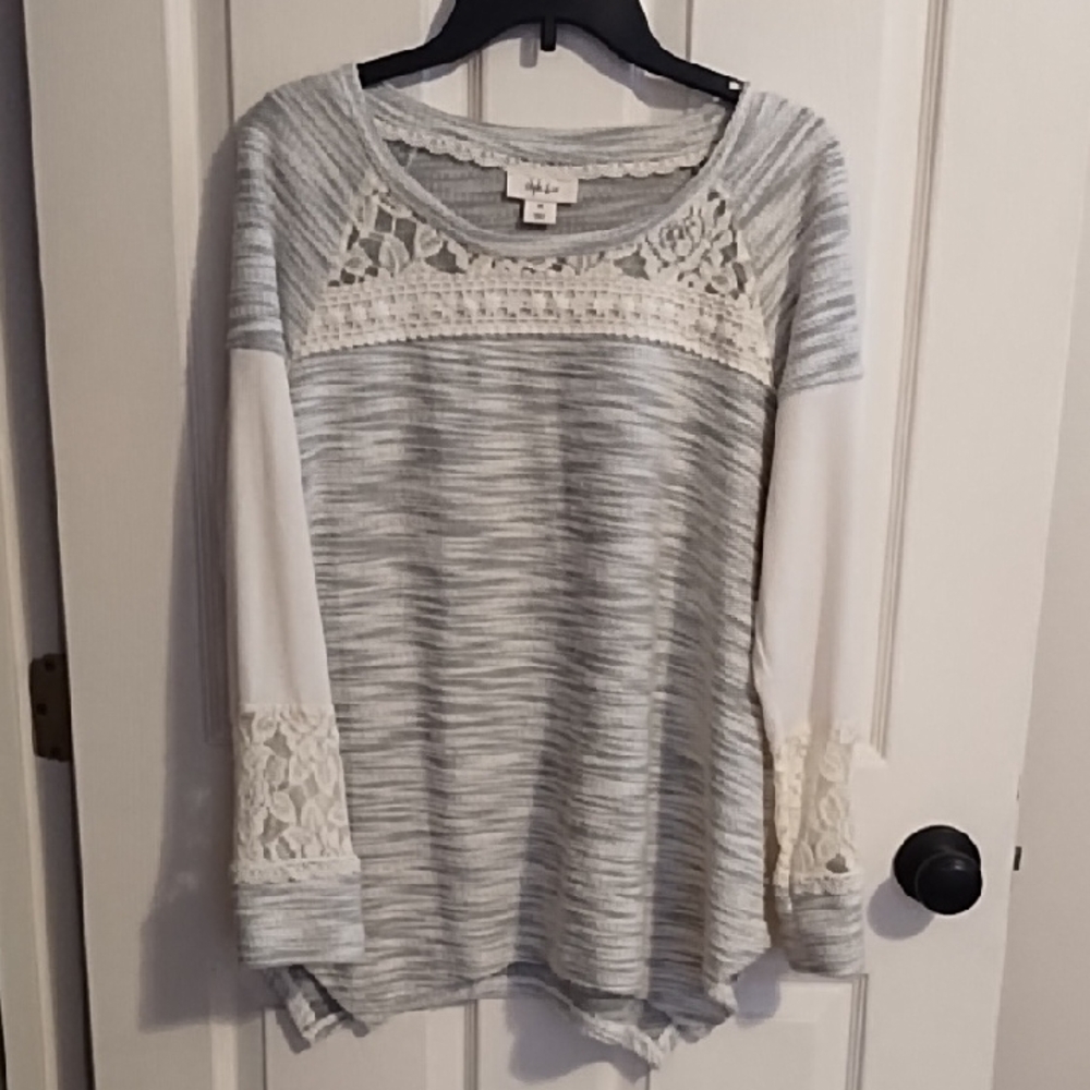 Style & Co. Gray Heather and White Lace-Trim Long Sleeve Tee